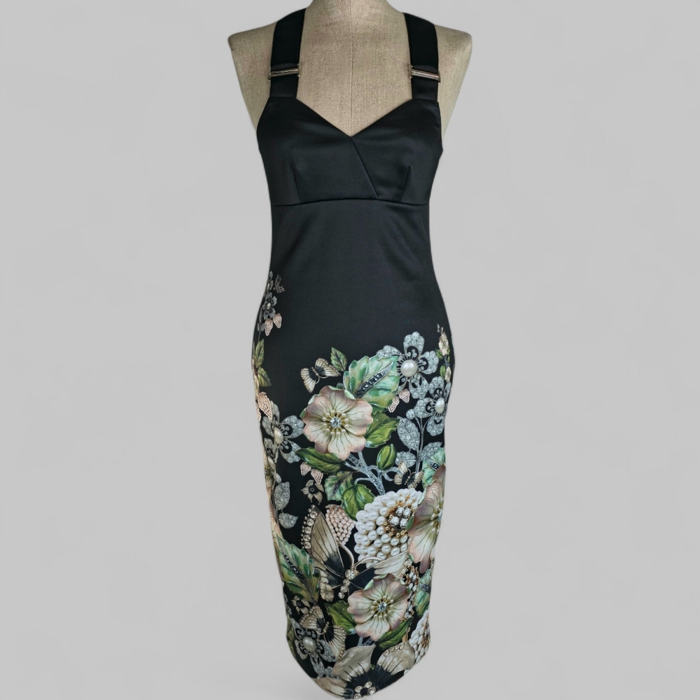 Ted Baker Jayer Gem Gardens Floral Bodycon Dress Black Crossback Size 1 (US 4)